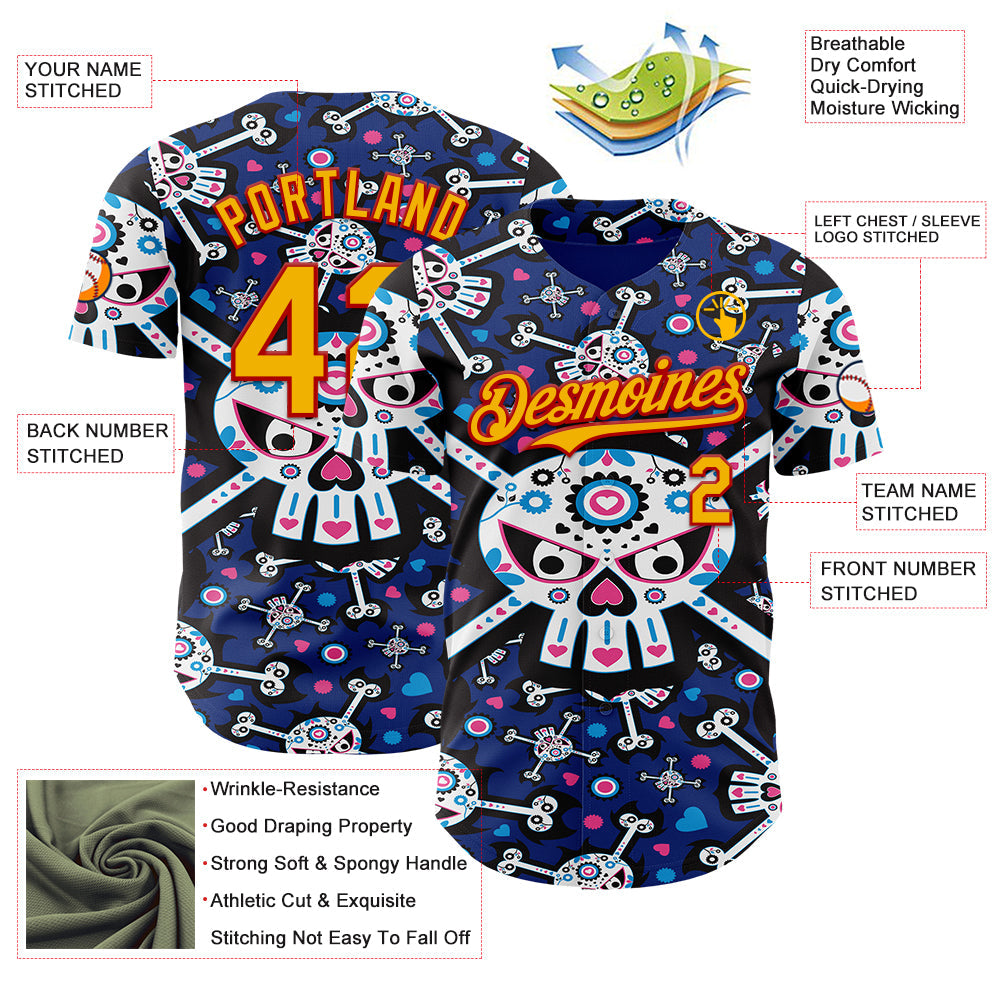 Custom Royal Gold-Red Sugar Skull Day of the Dead Mexican Folk Art Authentic Baseball Jersey