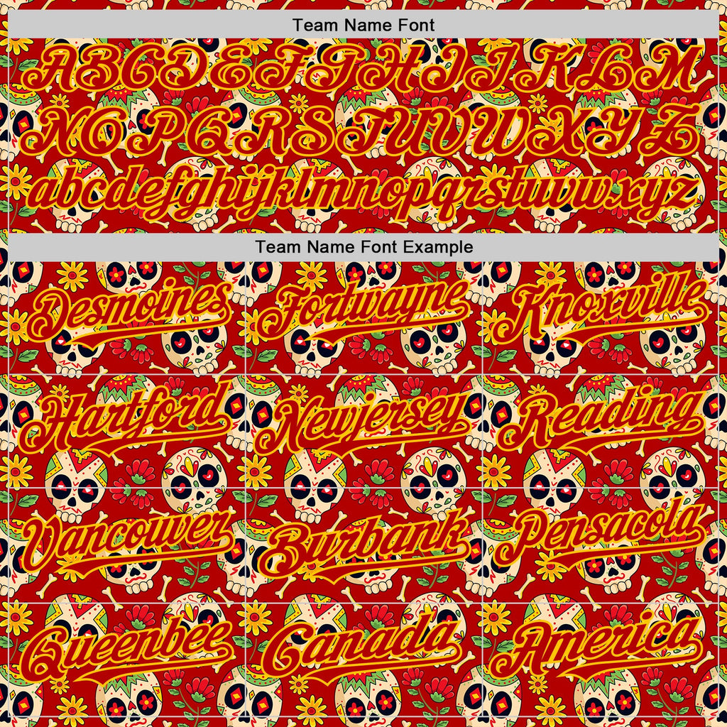 Custom Red Yellow Sugar Skull Day of the Dead Mexican Folk Art Authentic Baseball Jersey