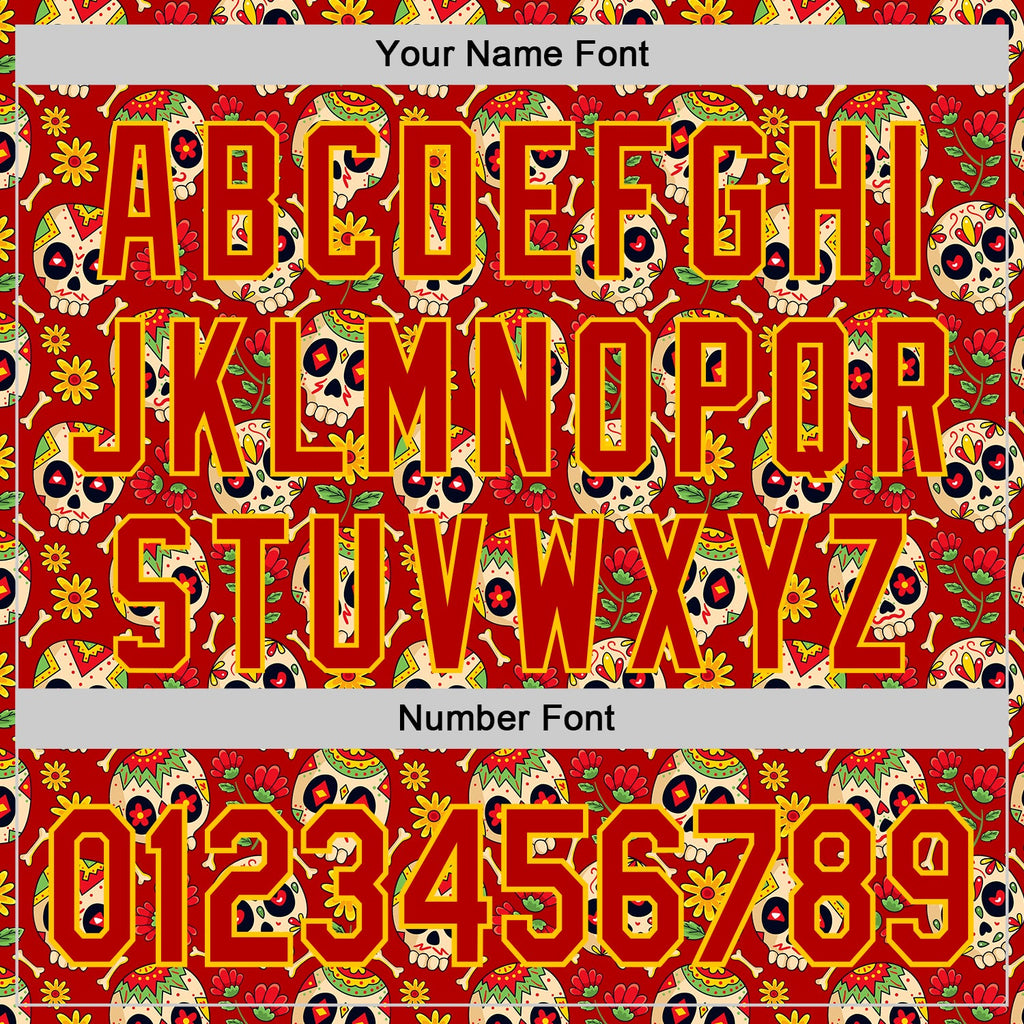 Custom Red Yellow Sugar Skull Day of the Dead Mexican Folk Art Authentic Baseball Jersey