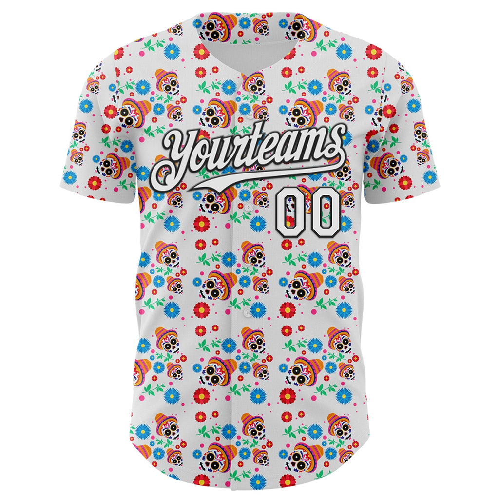 Custom White Black Sugar Skull Day of the Dead Mexican Folk Art Authentic Baseball Jersey