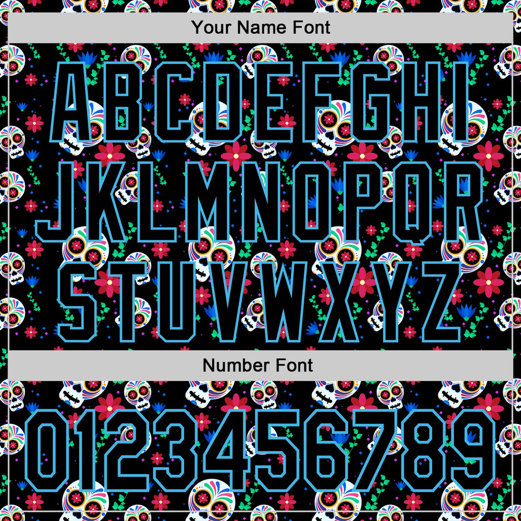 Custom Black Sky Blue Sugar Skull Day of the Dead Mexican Folk Art Authentic Baseball Jersey