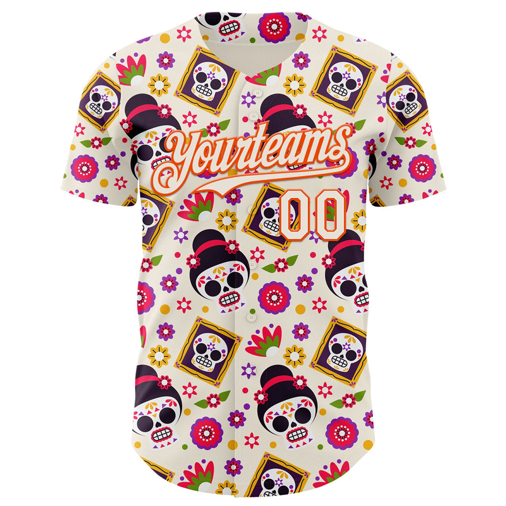 Custom Cream Orange Sugar Skull Day of the Dead Mexican Folk Art Authentic Baseball Jersey