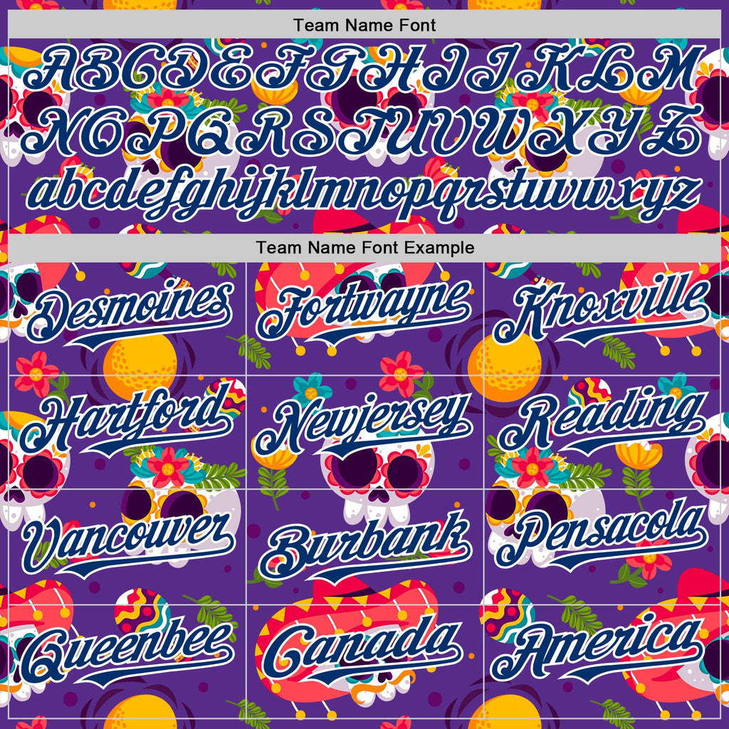 Custom Purple US Navy Blue-White Sugar Skull Day of the Dead Mexican Folk Art Authentic Baseball Jersey