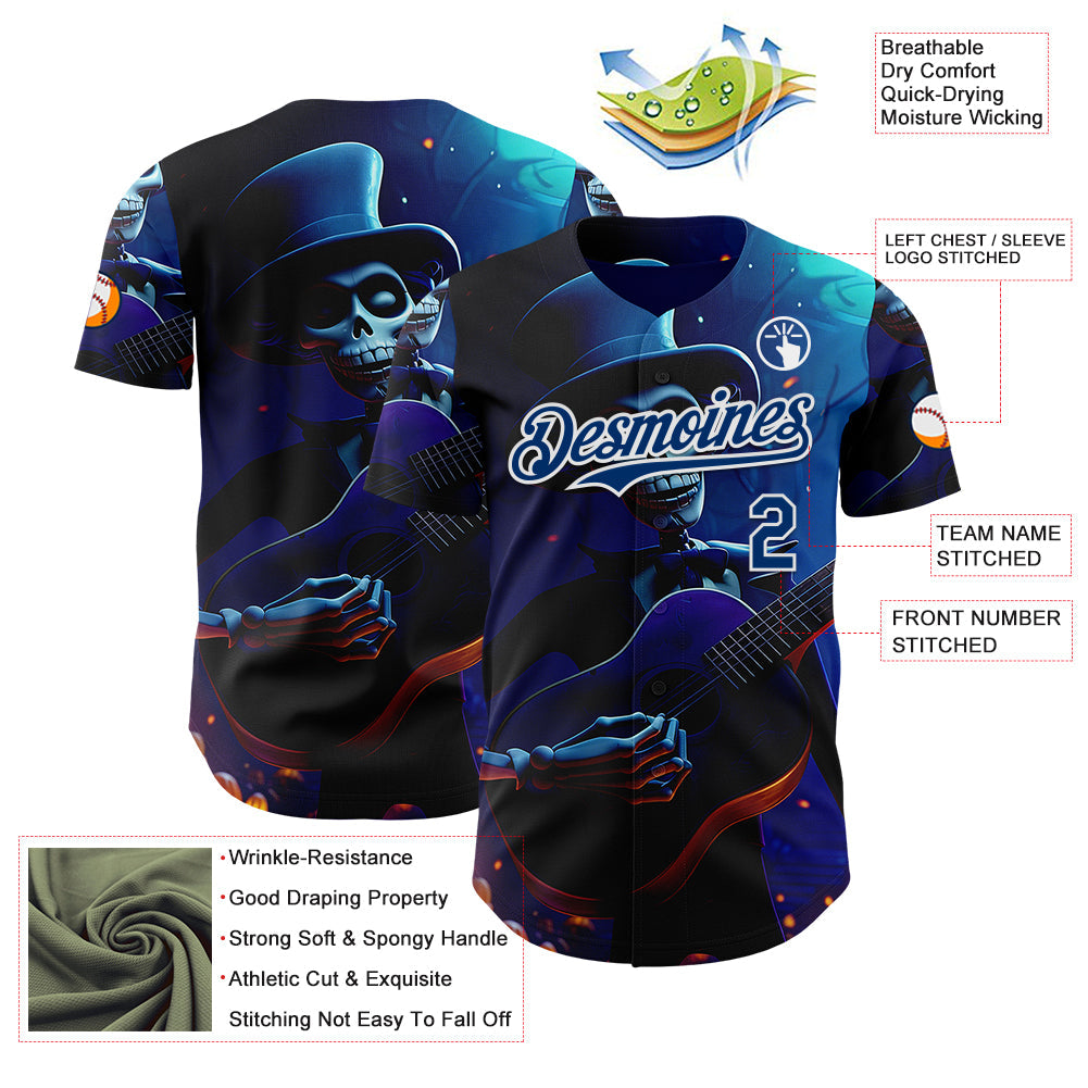 Custom Black US Navy Blue-White Sugar Skull Day of the Dead Mexican Folk Art Authentic Baseball Jersey