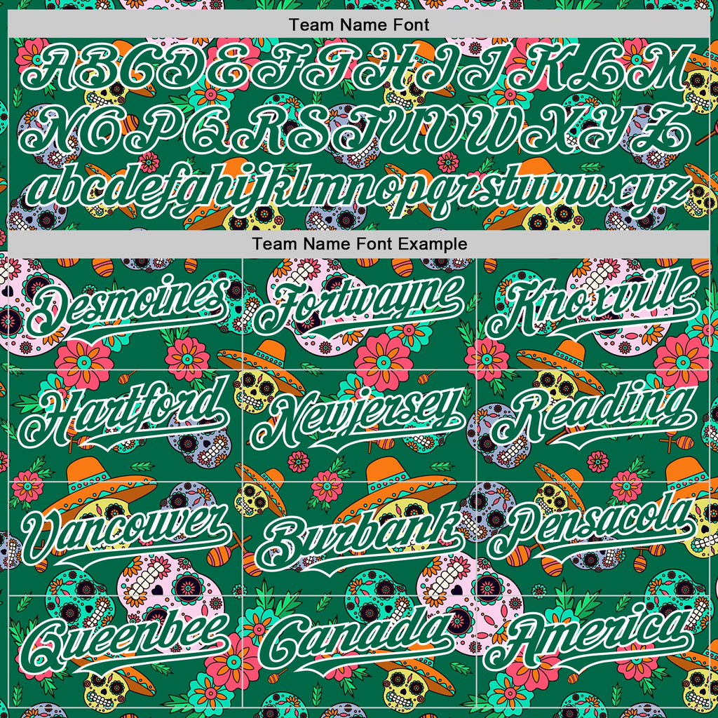 Custom Kelly Green White Sugar Skull Day of the Dead Mexican Folk Art Authentic Baseball Jersey
