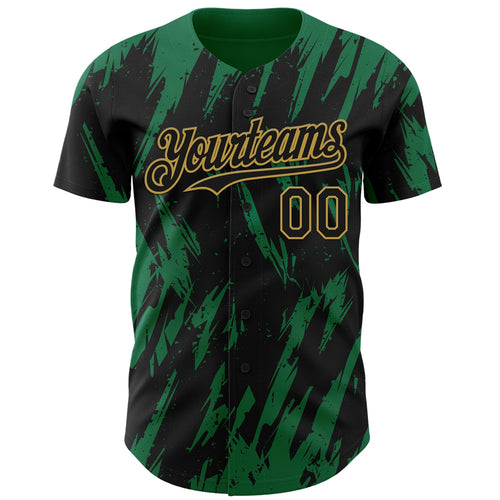 Custom Black Old Gold-Kelly Green Splatter Torn Sharp Brush Stroke Authentic Baseball Jersey