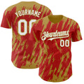 Custom Red White-Old Gold Splatter Torn Sharp Brush Stroke Authentic Baseball Jersey