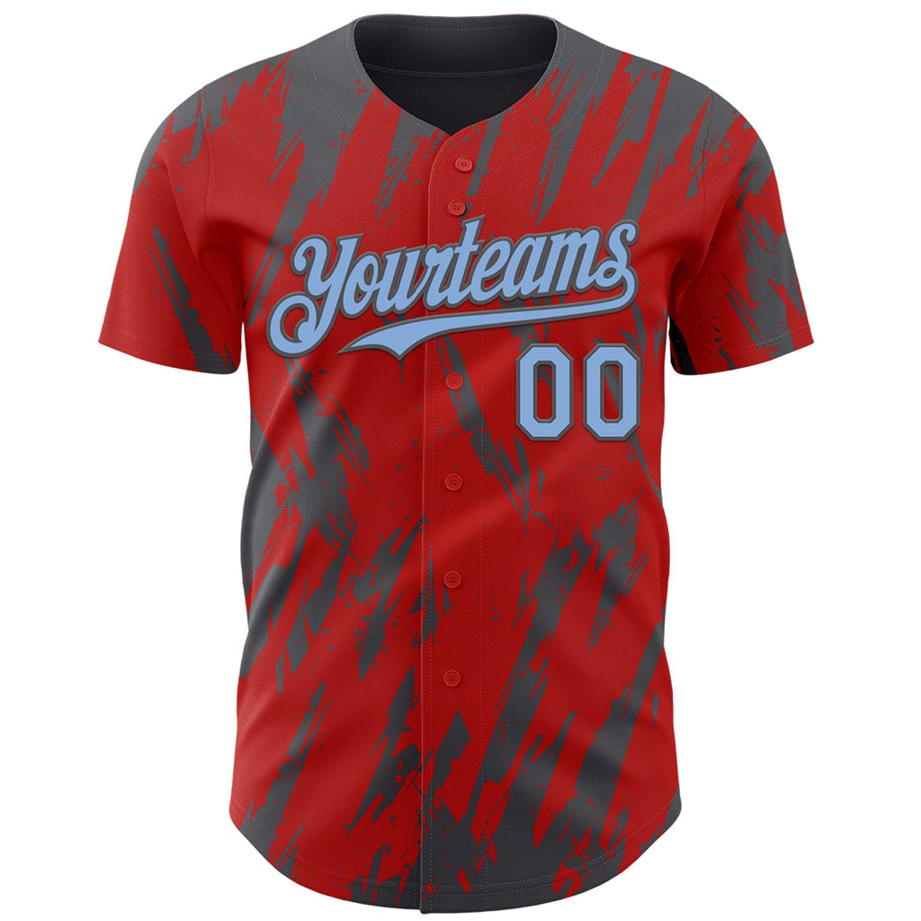 Custom Red Light Blue-Steel Gray Splatter Torn Sharp Brush Stroke Authentic Baseball Jersey