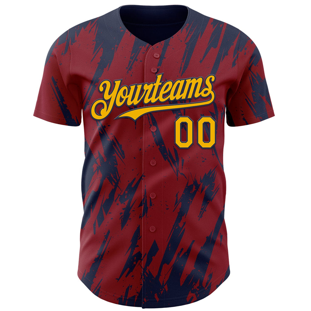 Custom Crimson Gold-Navy Splatter Torn Sharp Brush Stroke Authentic Baseball Jersey