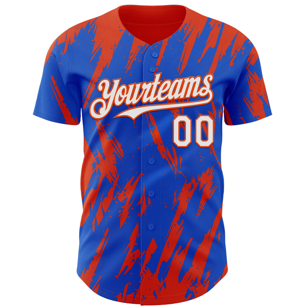 Custom Thunder Blue White-Orange Splatter Torn Sharp Brush Stroke Authentic Baseball Jersey