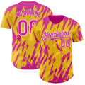 Custom Yellow Deep Pink-White Splatter Torn Sharp Brush Stroke Authentic Baseball Jersey