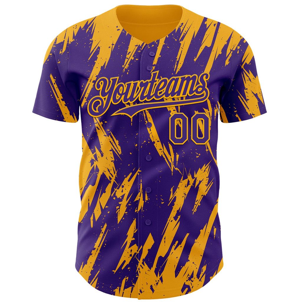 Custom Purple Gold Splatter Torn Sharp Brush Stroke Authentic Baseball Jersey