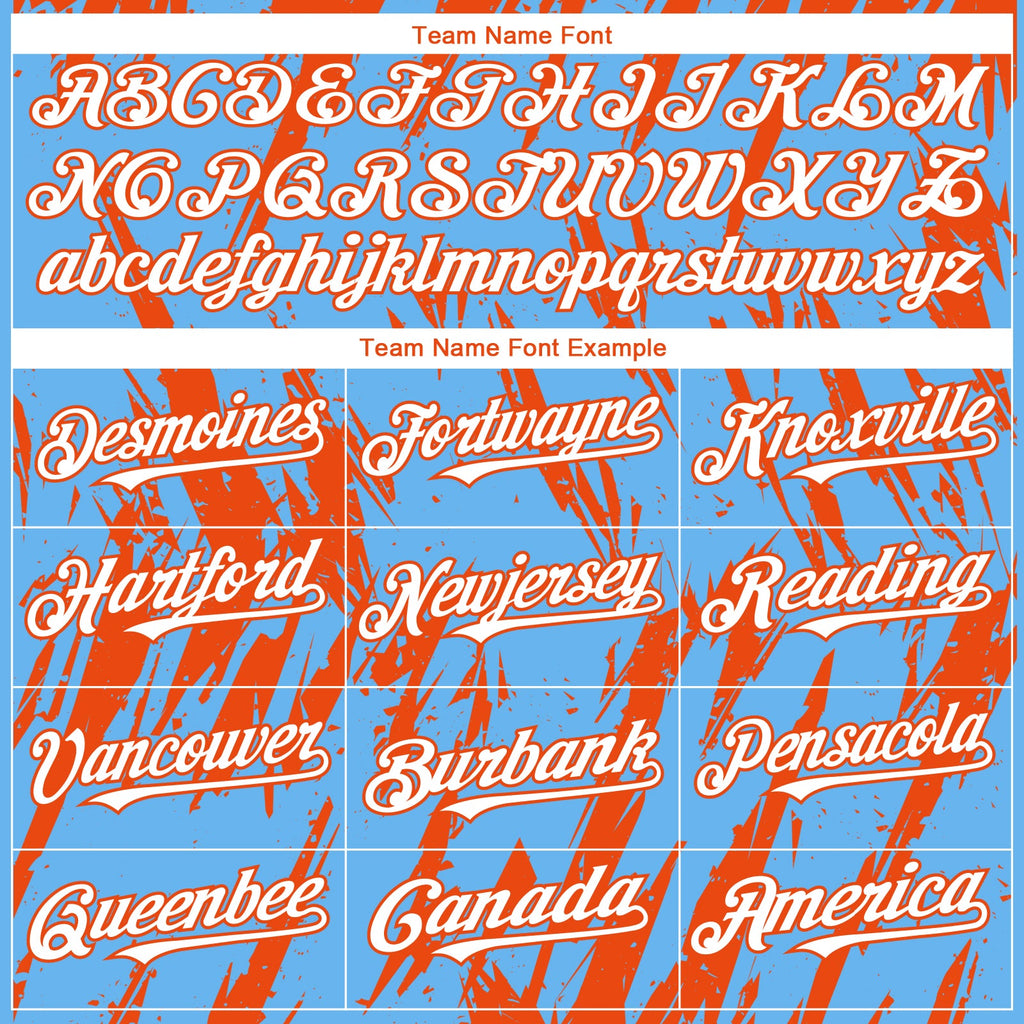 Custom Sky Blue White-Orange Splatter Torn Sharp Brush Stroke Authentic Baseball Jersey