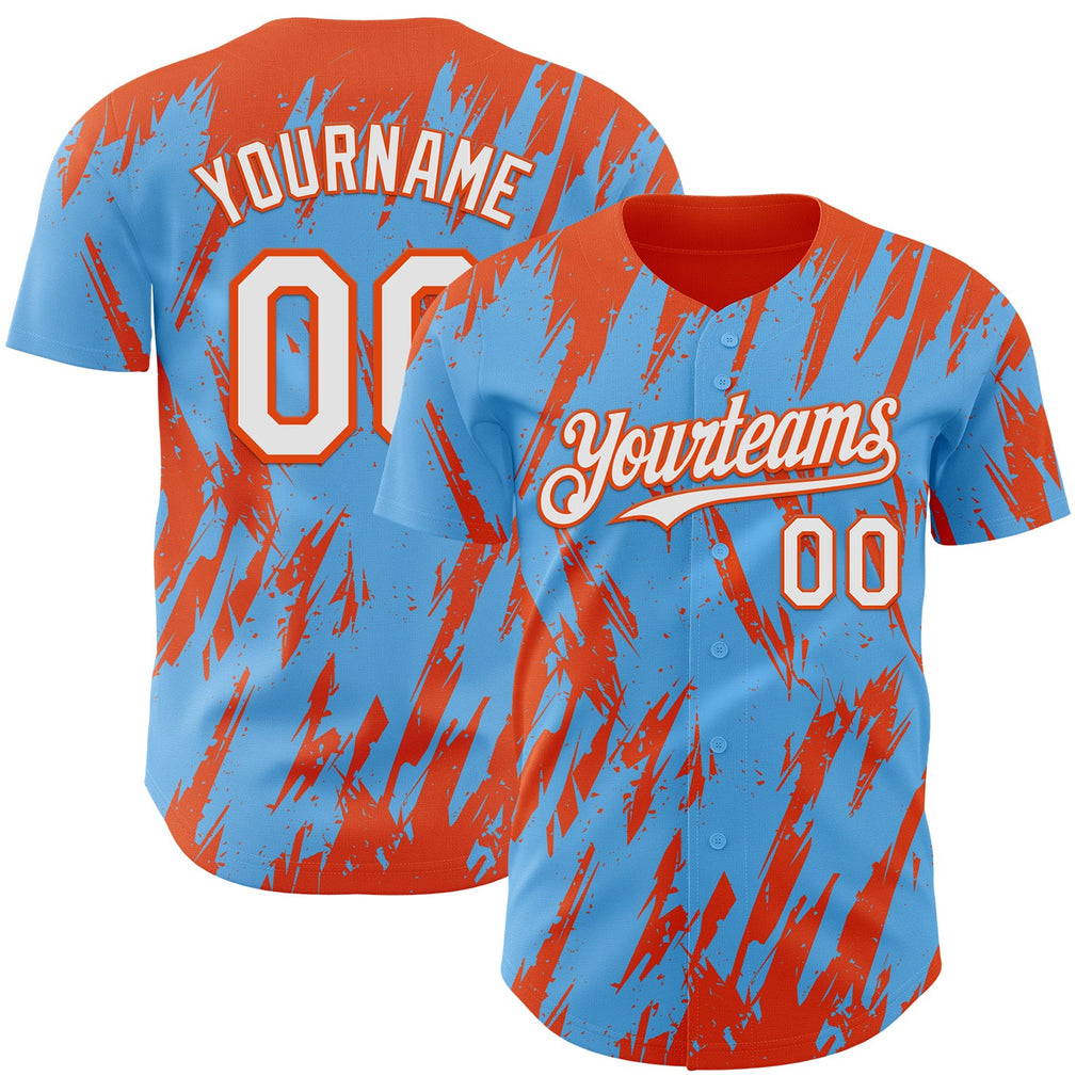 Custom Sky Blue White-Orange Splatter Torn Sharp Brush Stroke Authentic Baseball Jersey