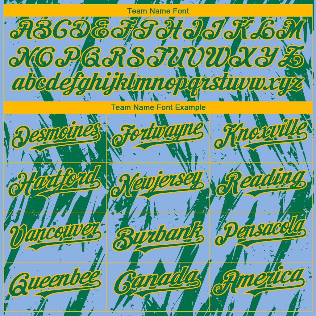 Custom Light Blue Kelly Green-Gold Splatter Torn Sharp Brush Stroke Authentic Baseball Jersey