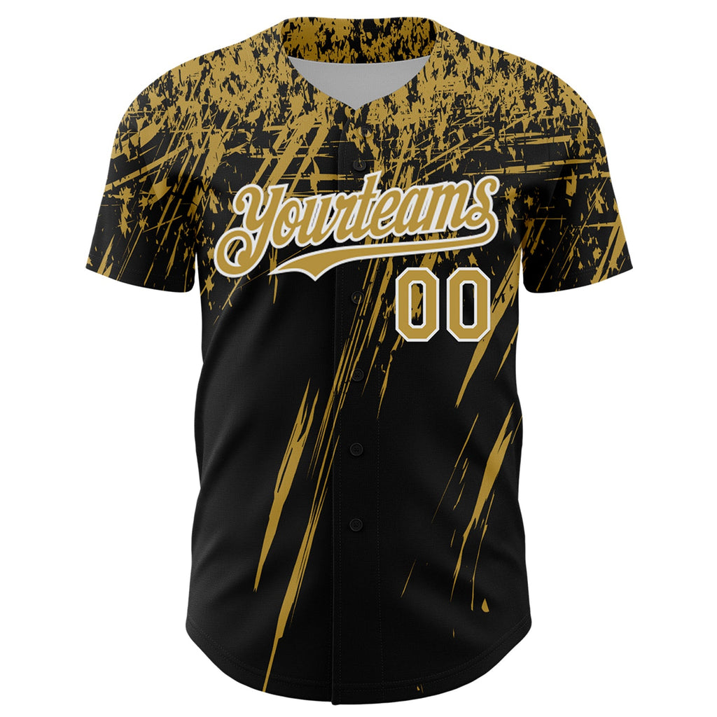 Custom Black Old Gold-White Distressed Scratch Brush Stroke Authentic Baseball Jersey