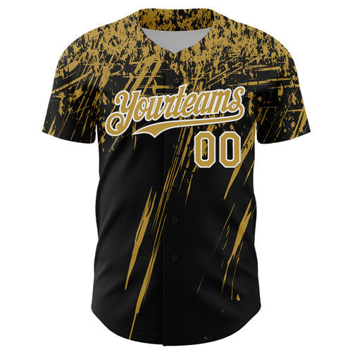 Custom Black Old Gold-White Distressed Scratch Brush Stroke Authentic Baseball Jersey