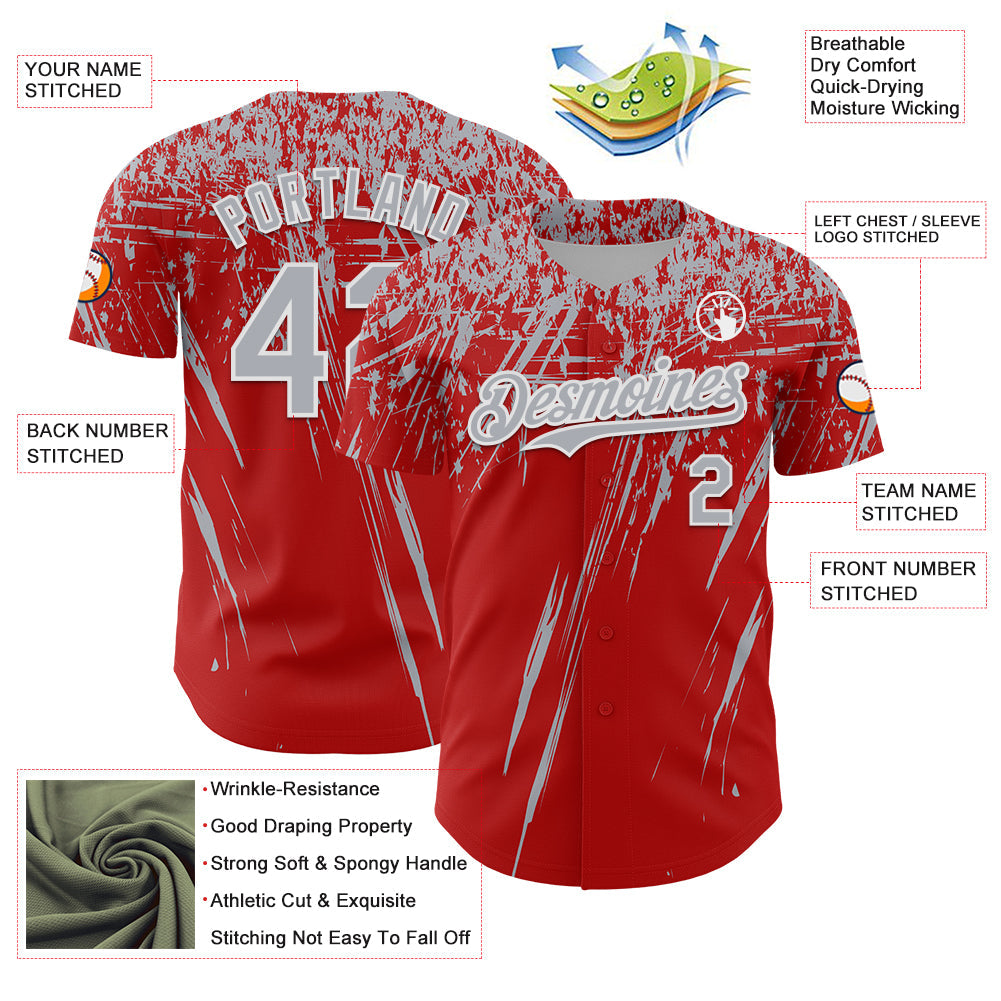 Custom Red Gray-White Distressed Scratch Brush Stroke Authentic Baseball Jersey