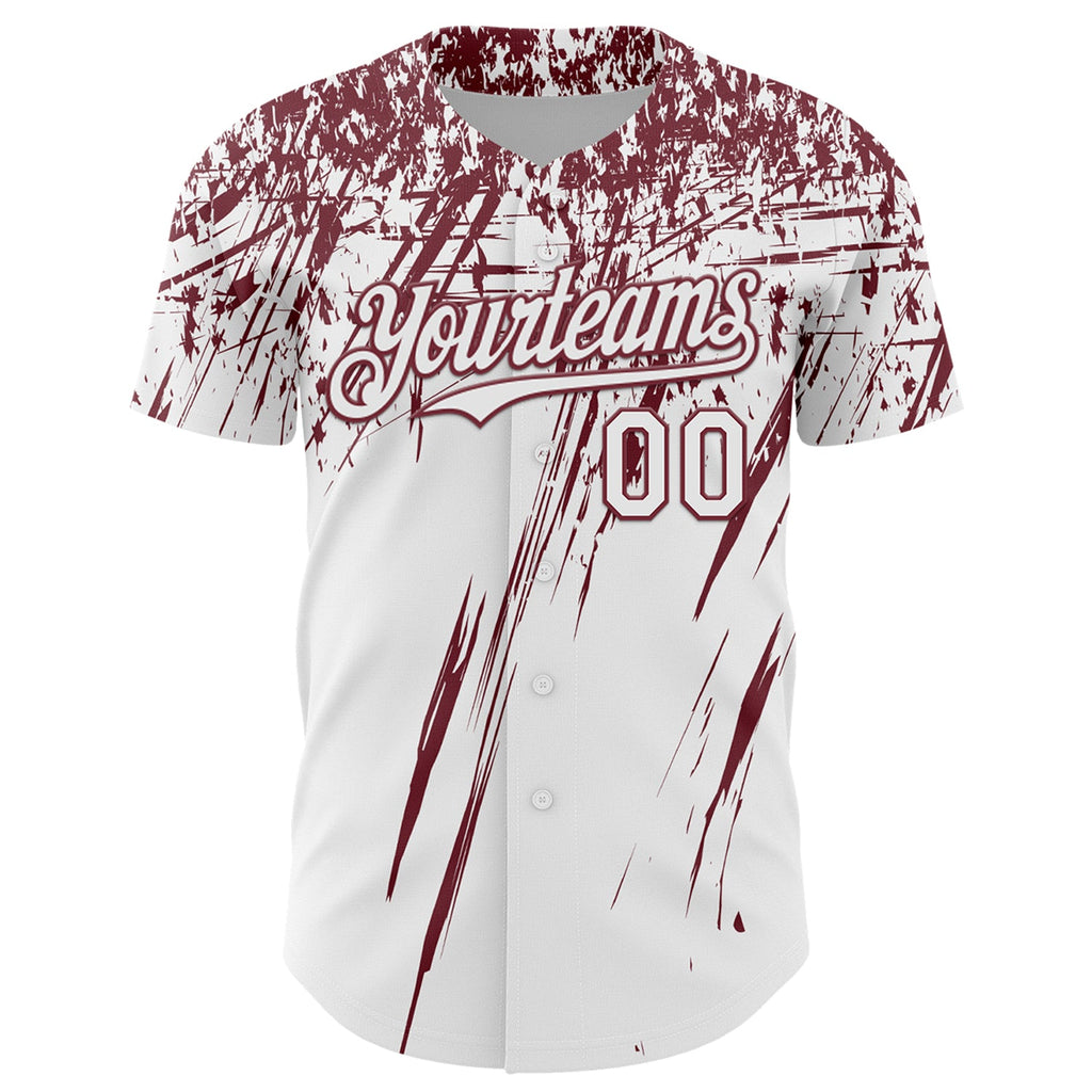 Custom White Burgundy Distressed Scratch Brush Stroke Authentic Baseball Jersey