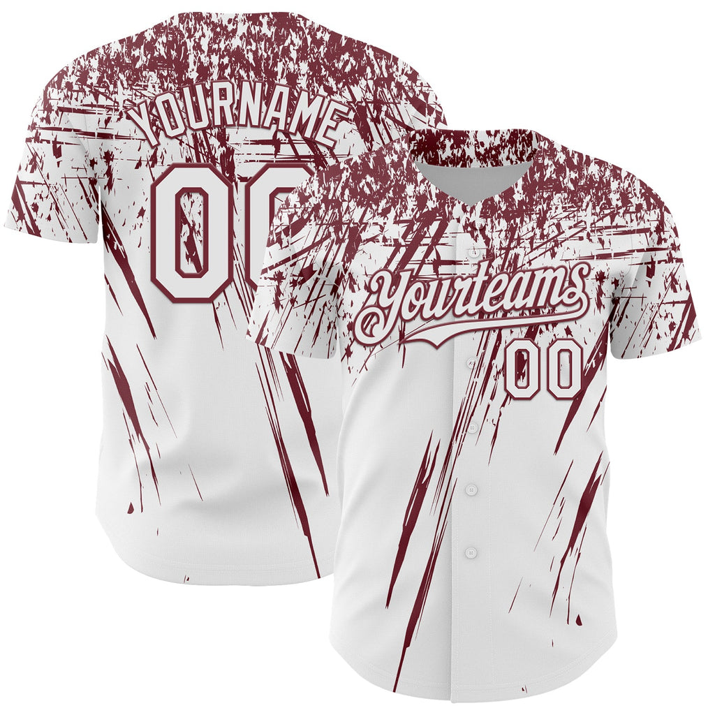 Custom White Burgundy Distressed Scratch Brush Stroke Authentic Baseball Jersey