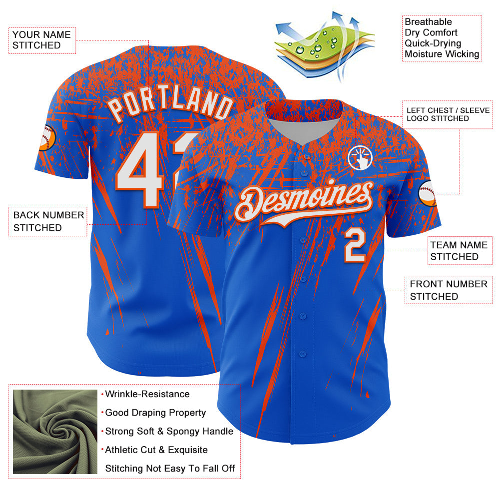 Custom Thunder Blue White-Orange Distressed Scratch Brush Stroke Authentic Baseball Jersey