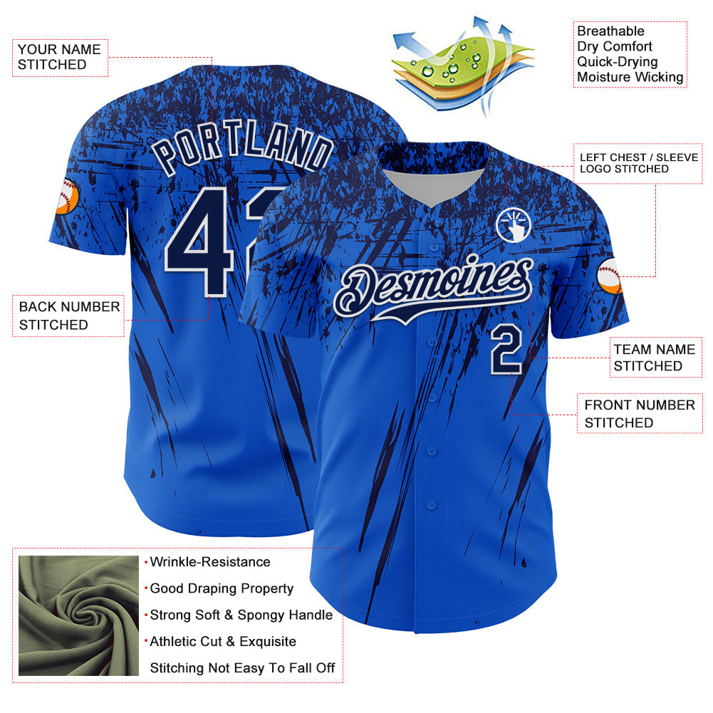 Custom Thunder Blue Navy-White Distressed Scratch Brush Stroke Authentic Baseball Jersey