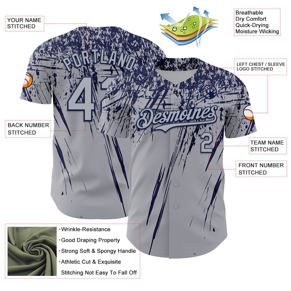 Custom Gray Navy Distressed Scratch Brush Stroke Authentic Baseball Jersey