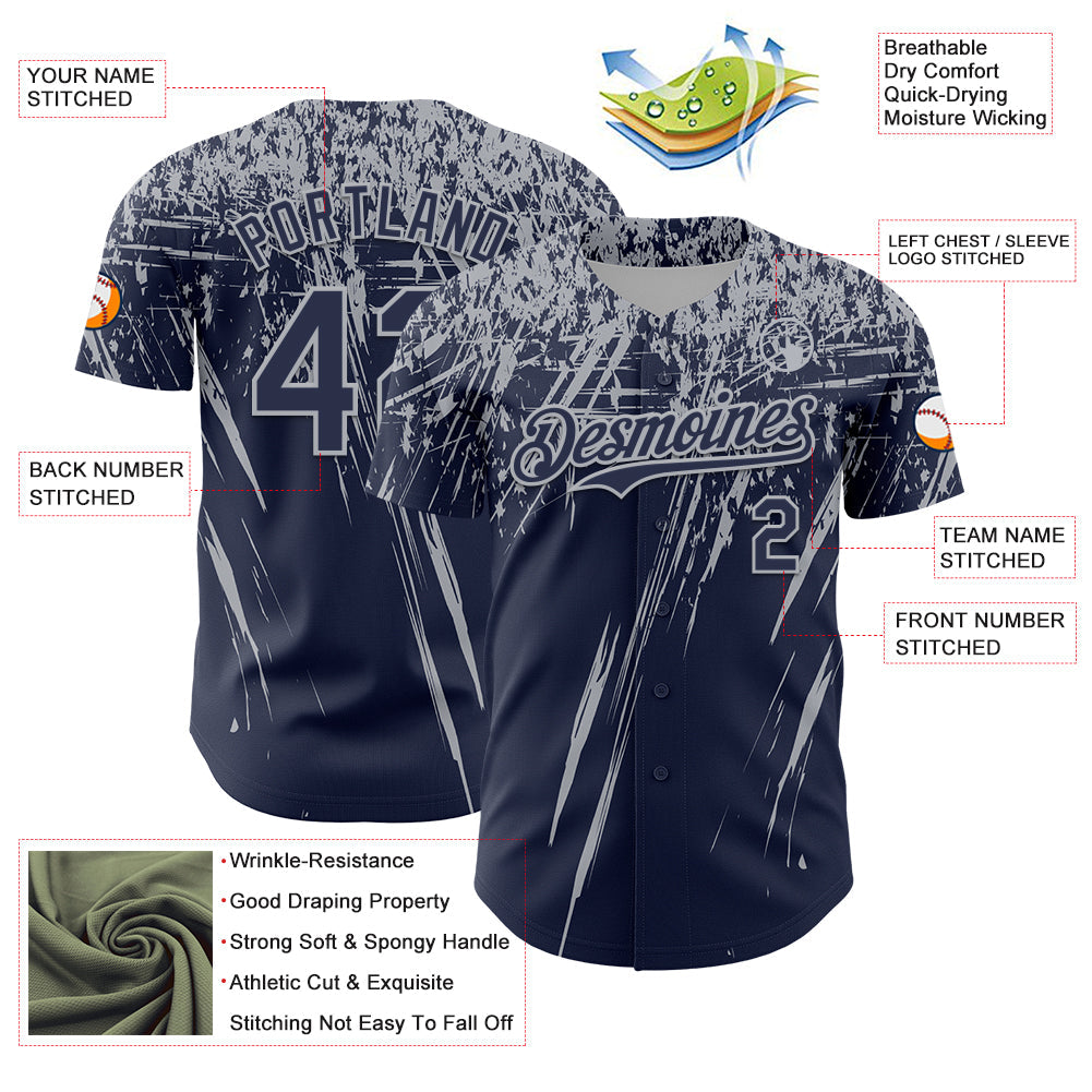 Custom Navy Gray Distressed Scratch Brush Stroke Authentic Baseball Jersey