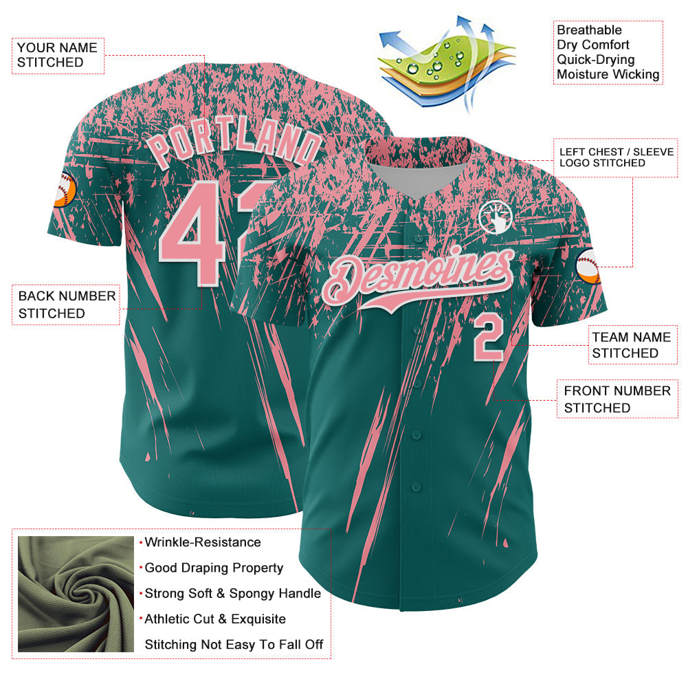 Custom Teal Medium Pink-White Distressed Scratch Brush Stroke Authentic Baseball Jersey