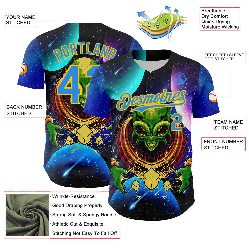 Custom Navy Electric Blue-Yellow Alien UFO Space Galaxy Authentic Baseball Jersey