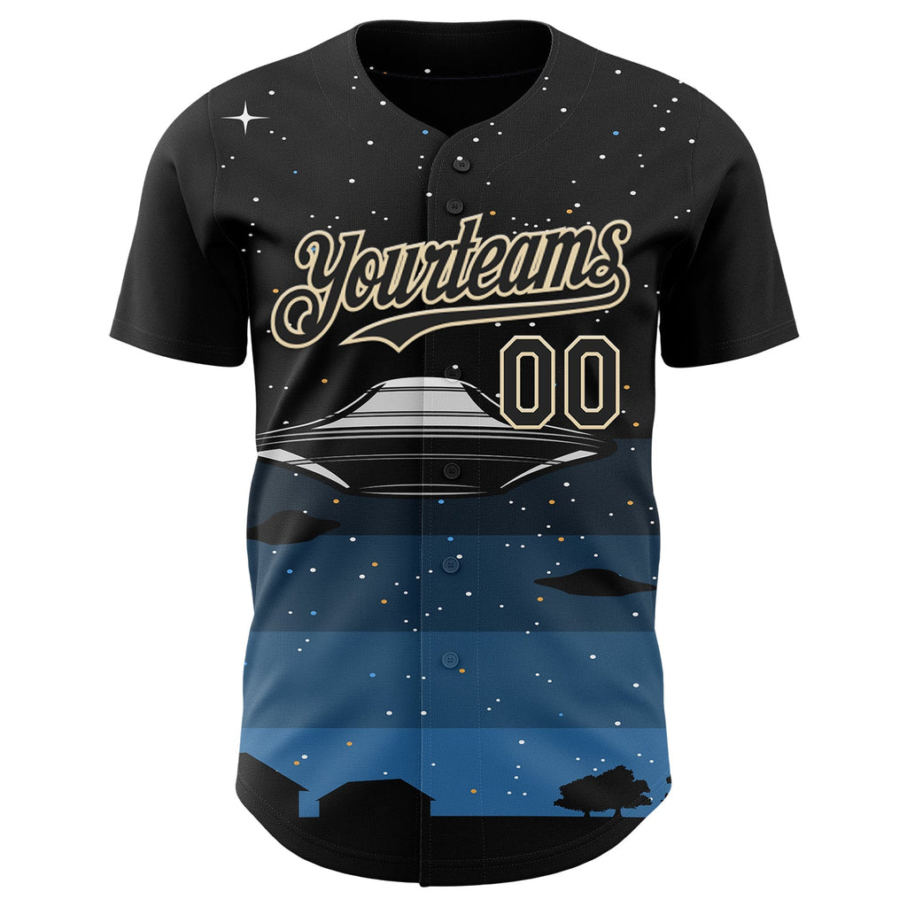Custom Black Cream Alien UFO Galaxy Night Sky Town Authentic Baseball Jersey
