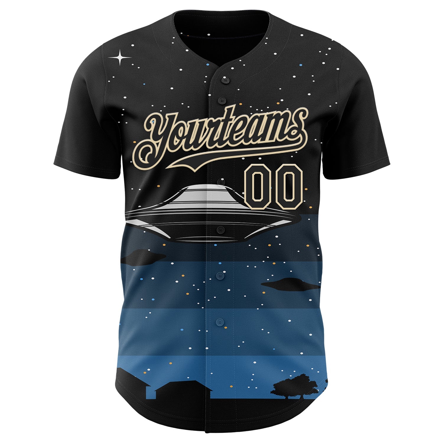 Custom Black Cream Alien UFO Galaxy Night Sky Town Authentic Baseball Jersey