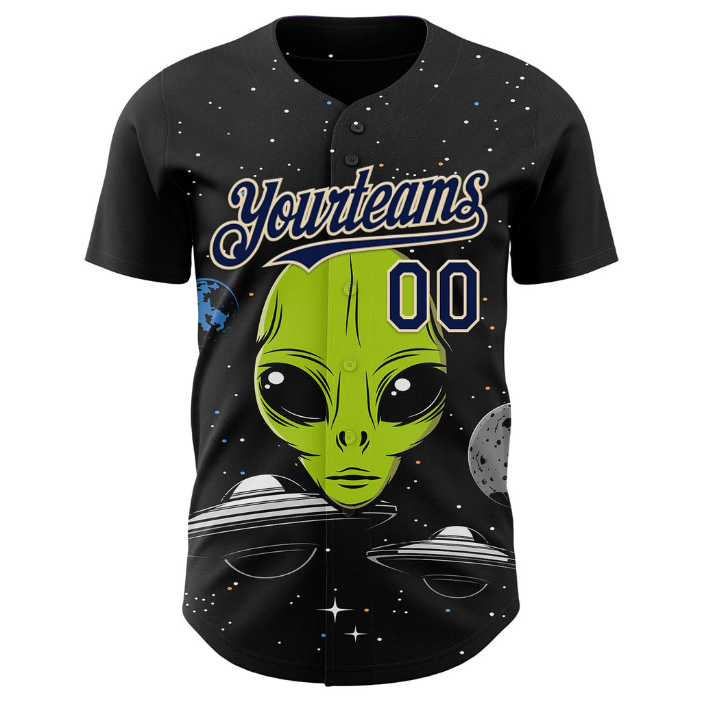 Custom Black Navy-Cream Alien UFO Galaxy Authentic Baseball Jersey