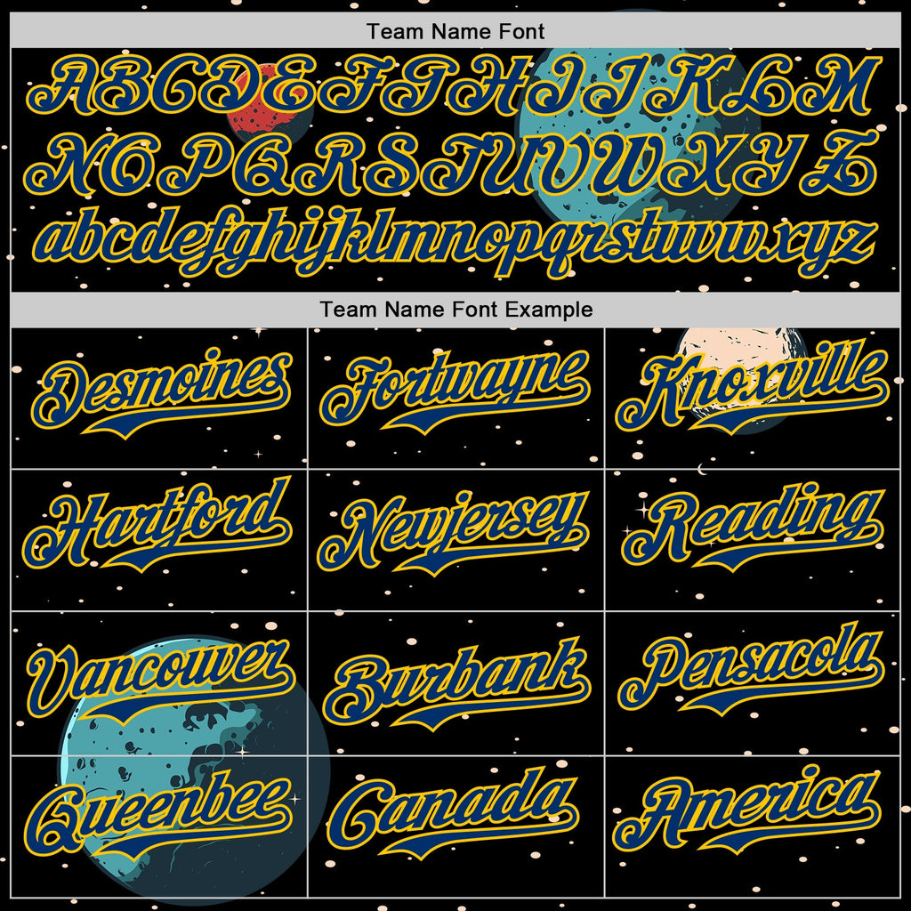 Custom Black US Navy Blue-Yellow Alien UFO Interstellar Starship Galaxy Authentic Baseball Jersey