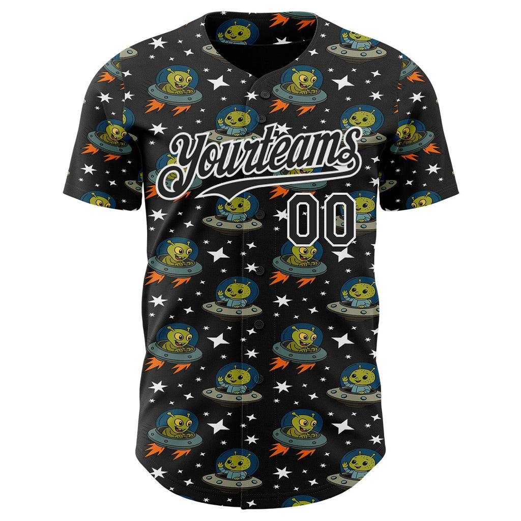 Custom Black White Cartoon Alien UFO Space Galaxy Authentic Baseball Jersey