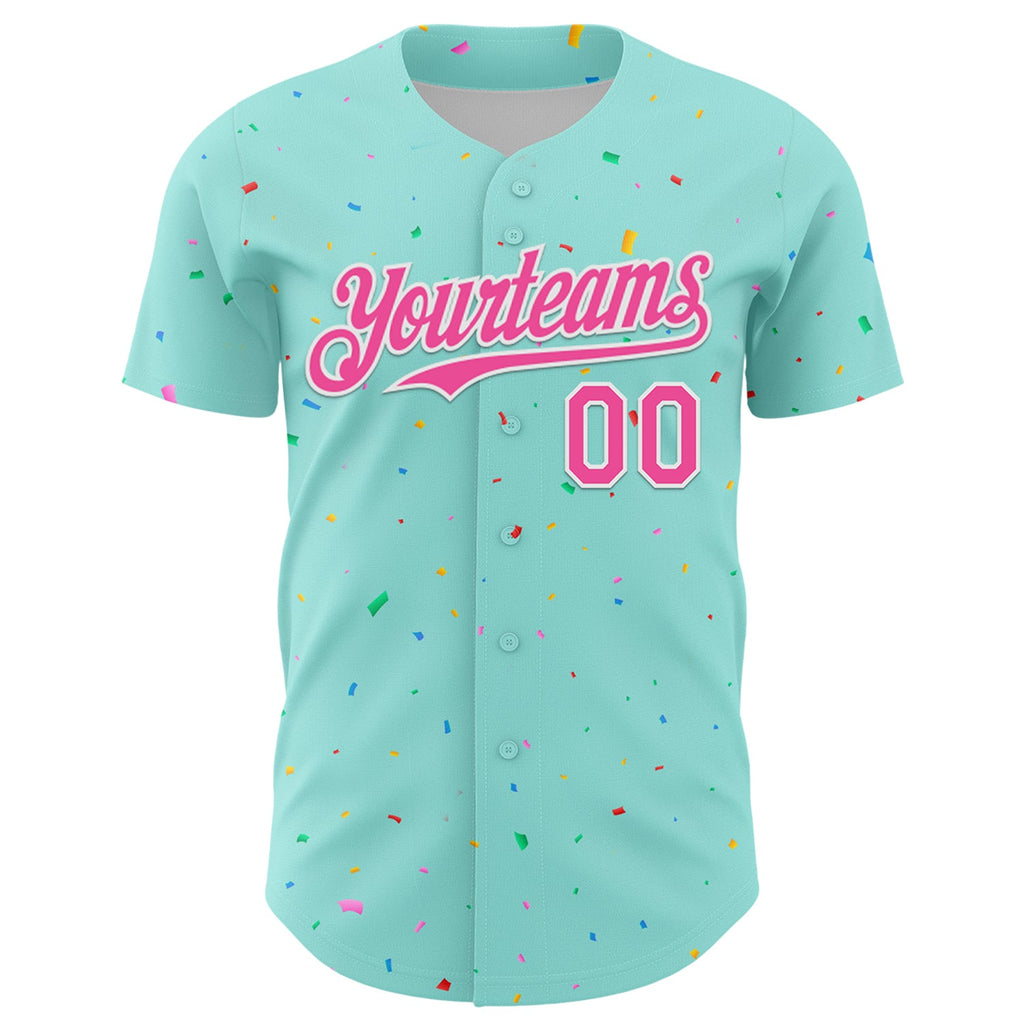 Custom Ice Blue Pink-White 3D Pattern Design Confetti Colorful Speckle Authentic Baseball Jersey