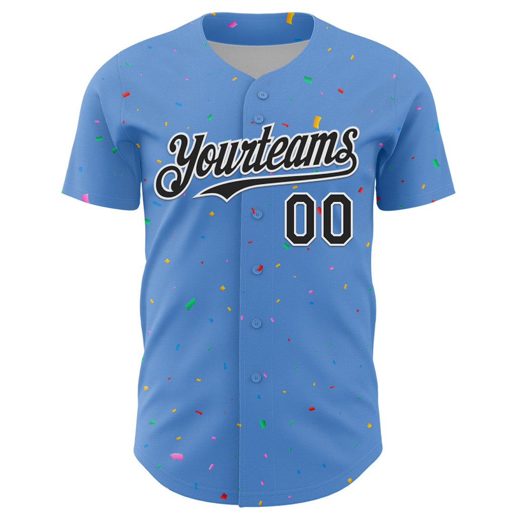 Custom Powder Blue Black-White 3D Pattern Design Confetti Colorful Speckle Authentic Baseball Jersey