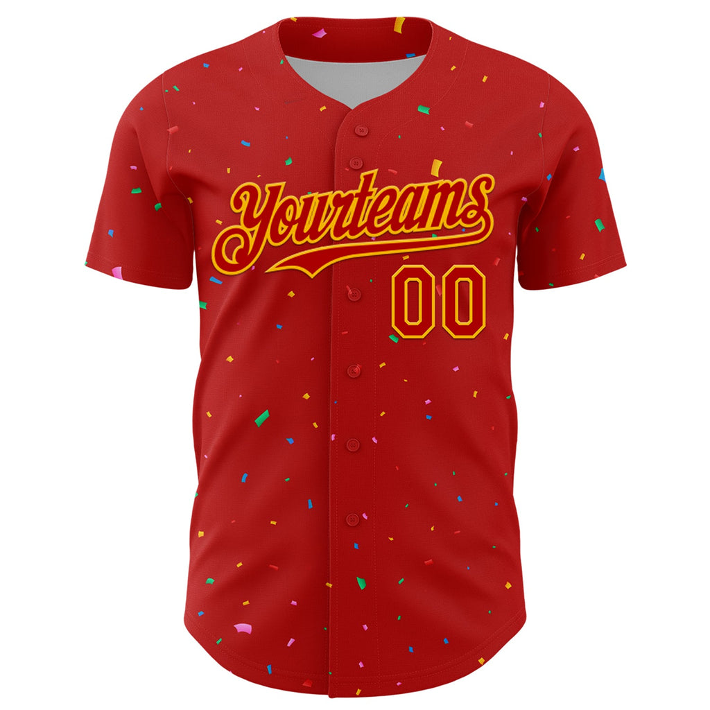 Custom Red Gold 3D Pattern Design Confetti Colorful Speckle Authentic Baseball Jersey
