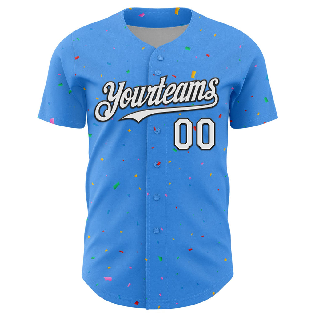 Custom Electric Blue White-Black 3D Pattern Design Confetti Colorful Speckle Authentic Baseball Jersey