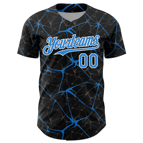 Custom Black Electric Blue-White 3D Pattern Design Abstract Network Authentic Baseball Jersey