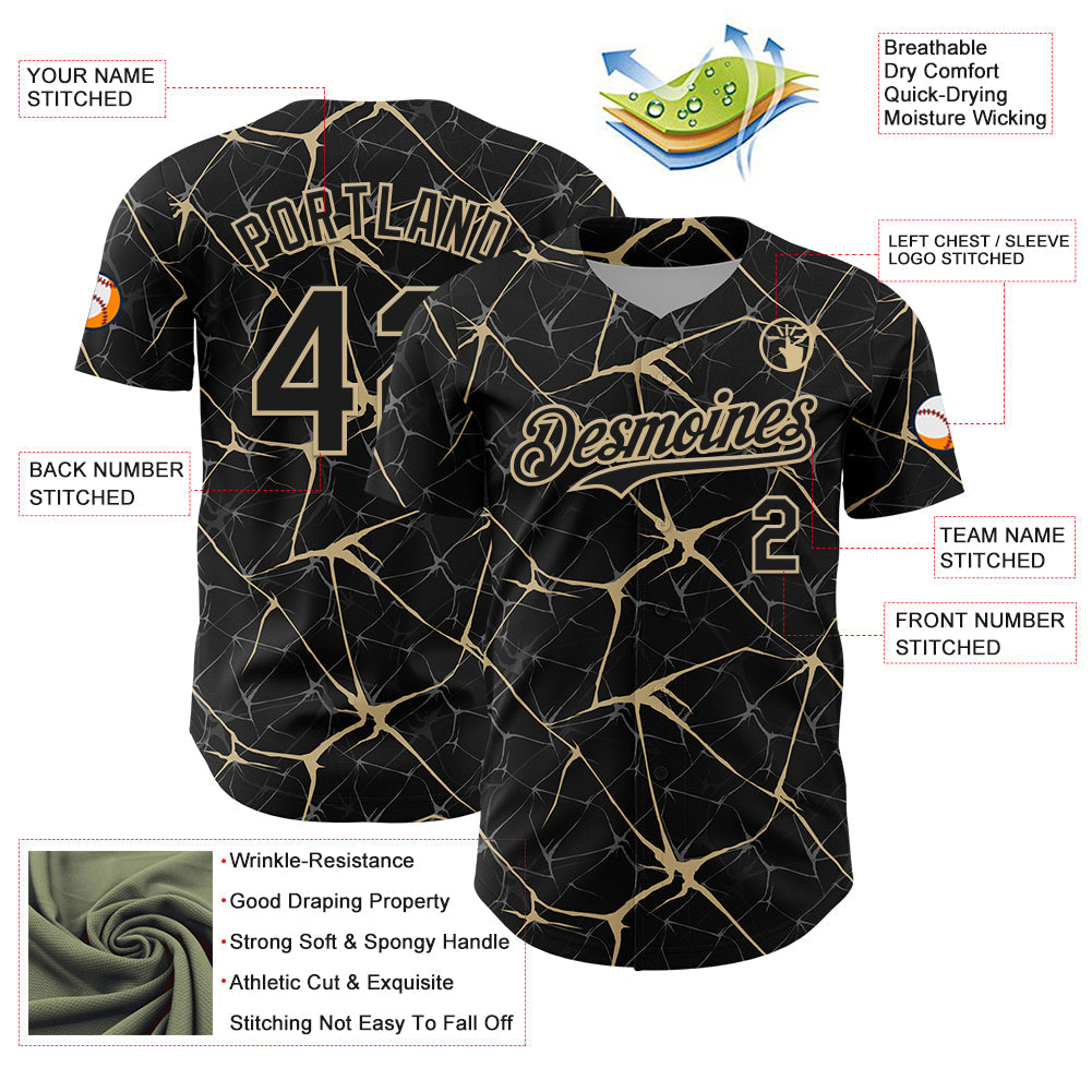 Custom Black Vegas Gold 3D Pattern Design Abstract Network Authentic Baseball Jersey