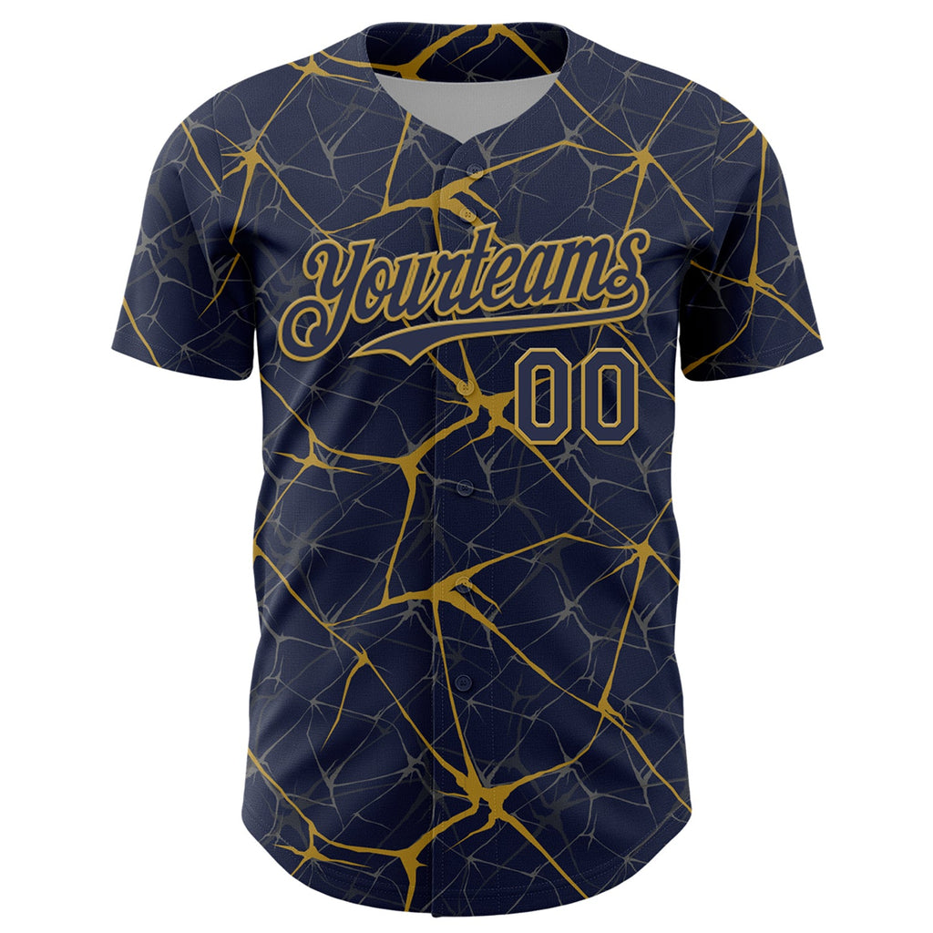 Custom Navy Old Gold 3D Pattern Design Abstract Network Authentic Baseball Jersey