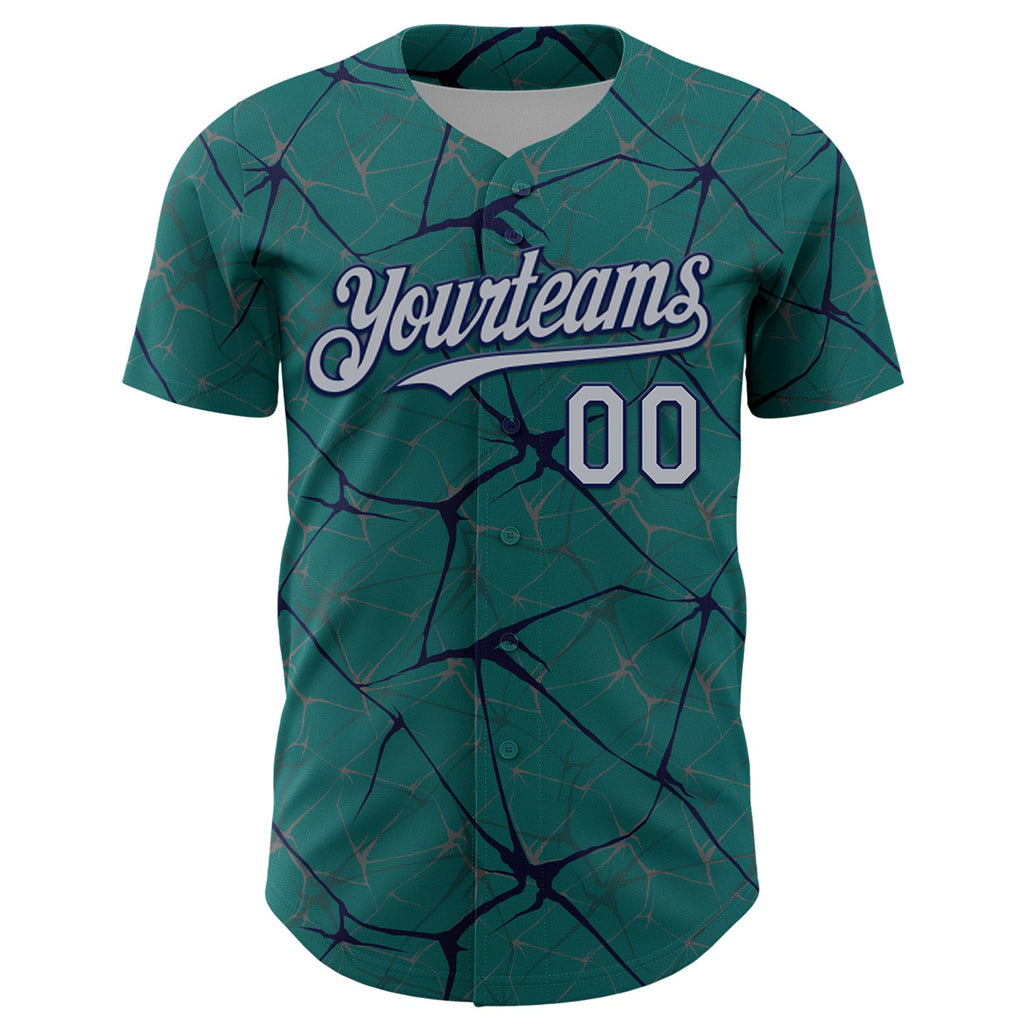 Custom Teal Gray-Navy 3D Pattern Design Abstract Network Authentic Baseball Jersey
