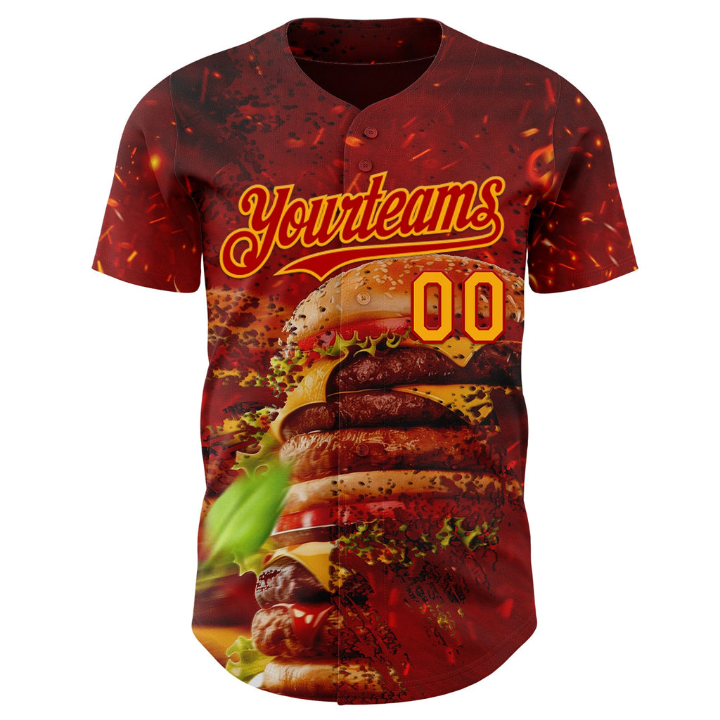 Custom Red-Yellow Foodie Fast Food Burger Authentic Baseball Jersey