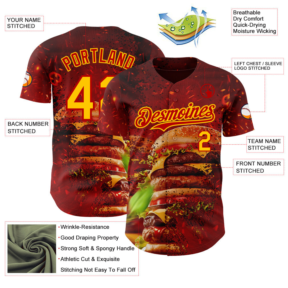 Custom Red-Yellow Foodie Fast Food Burger Authentic Baseball Jersey