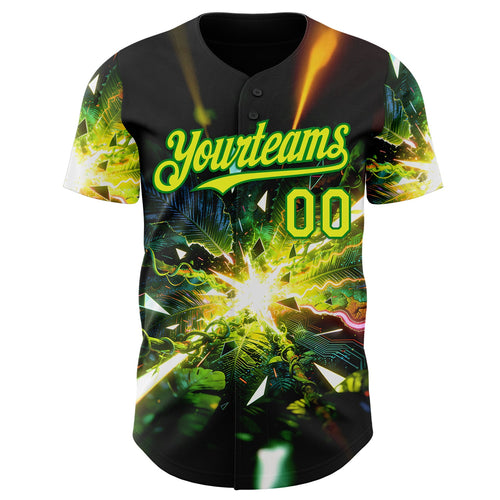 Custom Black Neon Yellow-Grass Green Cyber Tropical Palm Trees Music Festival Authentic Baseball Jersey