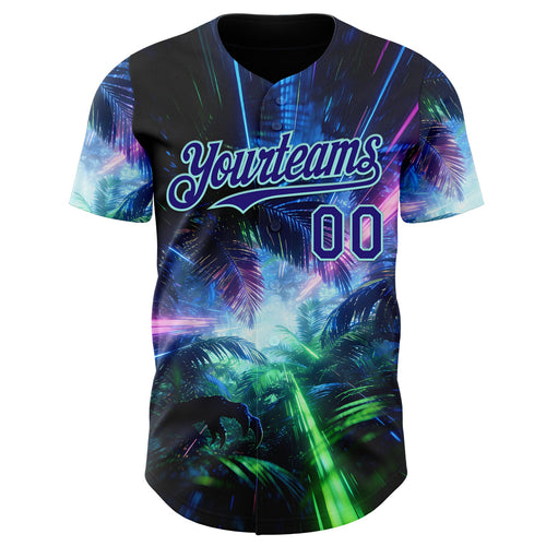 Custom Black Dark Purple-Ice Blue Cyber Tropical Palm Trees Dinosaur Gothic Fantasy Authentic Baseball Jersey