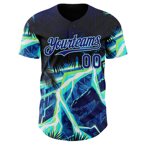 Custom Black Dark Purple-Ice Blue Cyber Tropical Palm Trees Dinosaur Gothic Fantasy Authentic Baseball Jersey