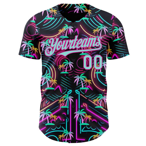 Custom Black Ice Blue-Deep Pink Cyber Tropical Palm Trees Music Festival Authentic Baseball Jersey