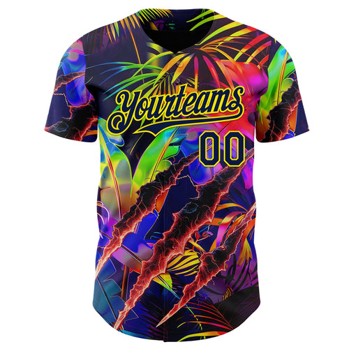 Custom Black Navy-Light Yellow Cyber Tropical Palm Trees Music Festival Claw Marks Authentic Baseball Jersey